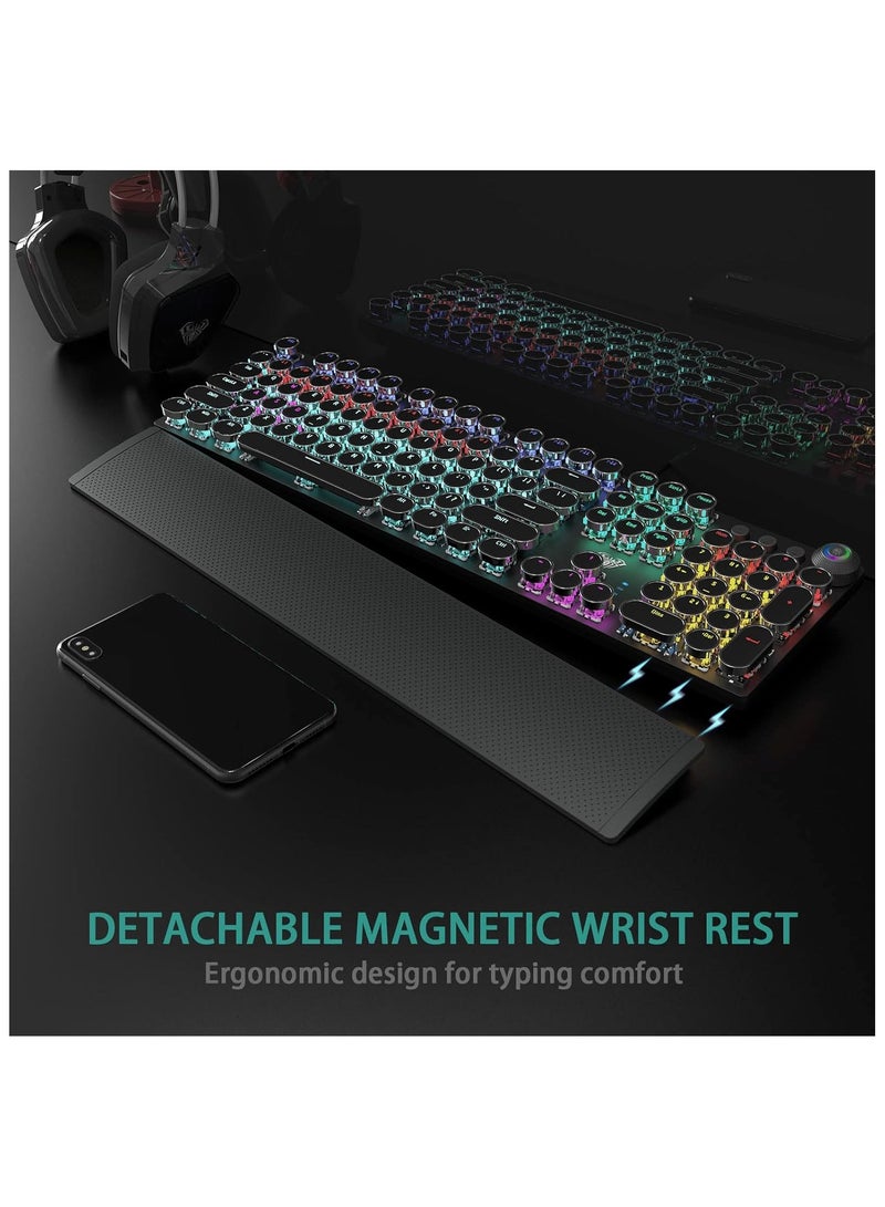 أولا اولا كيبورد العاب ميكانيكي F2088 بمفاتيح زرقاء واضاءة خلفية LED بالوان قوس قزح، مسند معصم قابل للازالة، مقبض تحكم في الوسائط، اغطية مفاتيح دائرية ريترو بانك، كيبورد كمبيوتر سلكي بمنفذ USB - Image 4