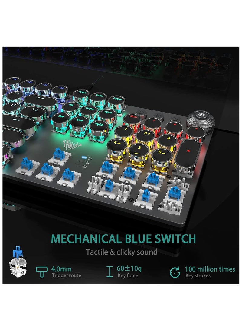 أولا اولا كيبورد العاب ميكانيكي F2088 بمفاتيح زرقاء واضاءة خلفية LED بالوان قوس قزح، مسند معصم قابل للازالة، مقبض تحكم في الوسائط، اغطية مفاتيح دائرية ريترو بانك، كيبورد كمبيوتر سلكي بمنفذ USB - Image 5