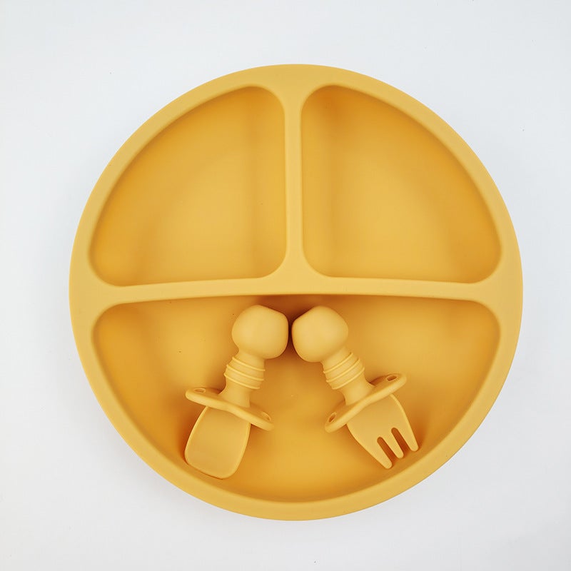 Baby Silicone Bowl Spoon Set CartoonRound plate + short fork spoon (ginger yellow) Round plate + short fork spoon (ginger yellow) 