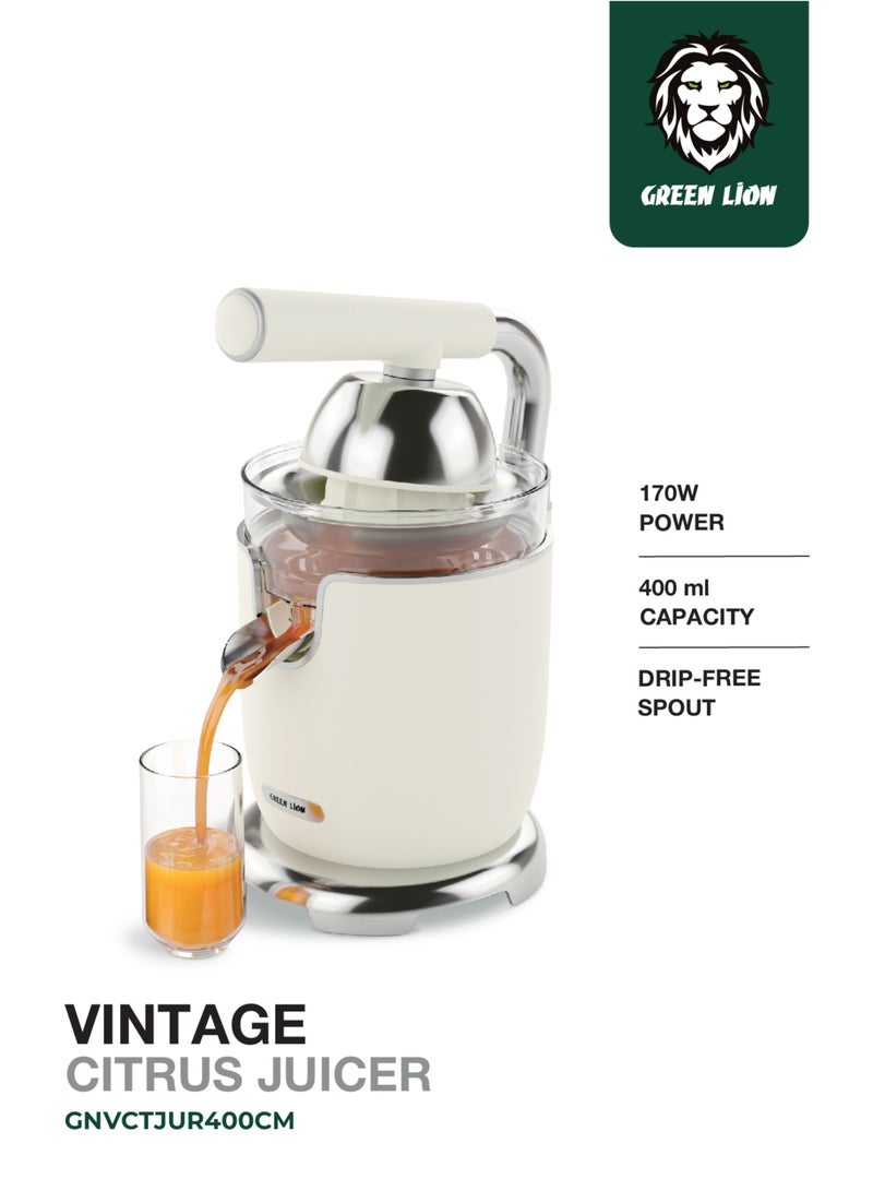جرين ليون عصارة حمضيات عتيقة بمقبض سعة 400 مل وقوة 170 واط / محرك نحاسي قوي / فلتر من الفولاذ المقاوم للصدأ / أقماع عصير صغيرة وكبيرة / عصارة فوهتها بدون تنقيط - كريمي - Image 1