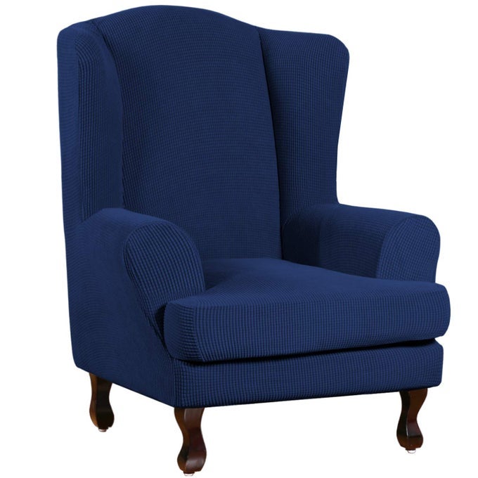 WINGBACK CHAIR COVERS 2 PIECE WING CHAIR SLIPCOVER STRETCH SLIPCOVERS FOR WINGBACK CHAIRS WING CHAIR COVER SPANDEX JACQUARD FABRIC WITH ELASTIC BOTTOM NONSLIP FURNITURE COVER NAVY