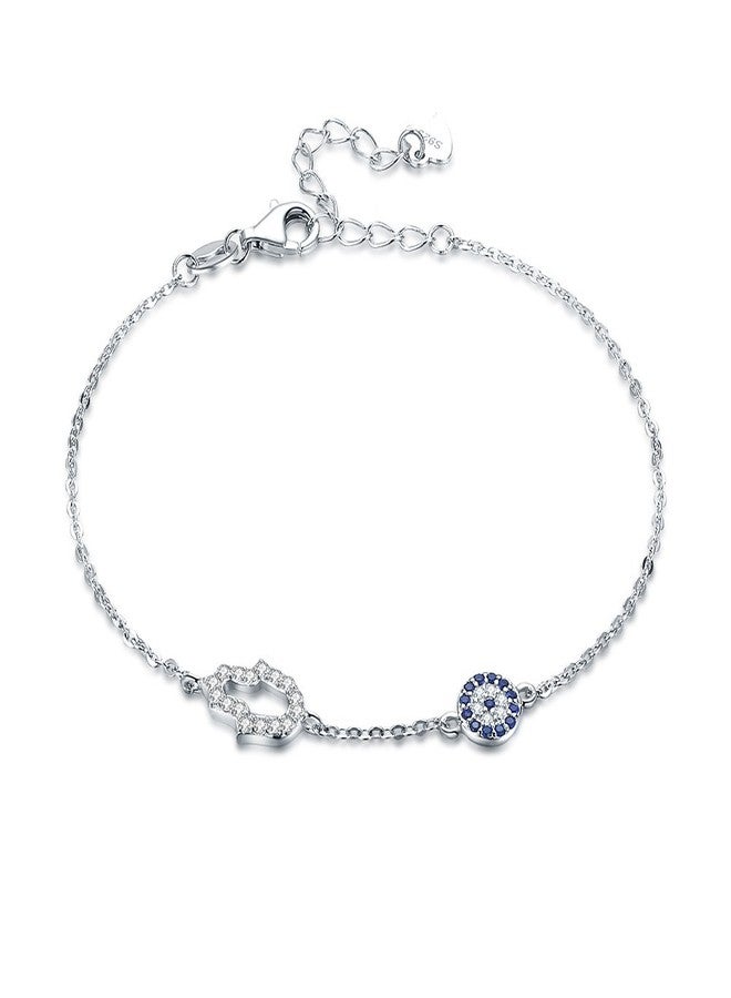 Kaletine Hamsa Hand of Fatima Evil Eye Bracelet Sterling Silver 925 Blue Cubic Zirconia Chain 6.5"+1.5"(Rhodium) - Image 1