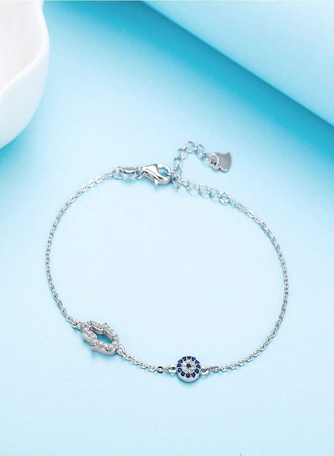 Kaletine Hamsa Hand of Fatima Evil Eye Bracelet Sterling Silver 925 Blue Cubic Zirconia Chain 6.5"+1.5"(Rhodium) - Image 5