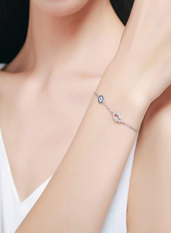 Kaletine Hamsa Hand of Fatima Evil Eye Bracelet Sterling Silver 925 Blue Cubic Zirconia Chain 6.5"+1.5"(Rhodium) - Image 2