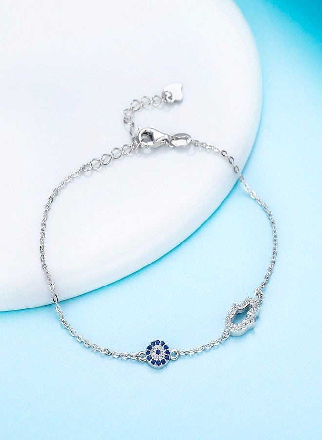 Kaletine Hamsa Hand of Fatima Evil Eye Bracelet Sterling Silver 925 Blue Cubic Zirconia Chain 6.5"+1.5"(Rhodium) - Image 3