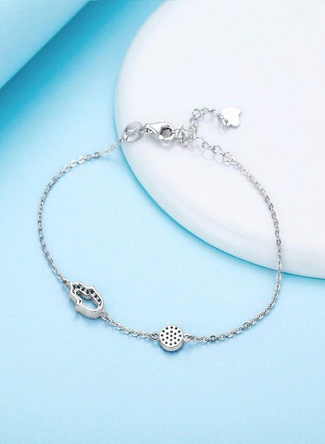 Kaletine Hamsa Hand of Fatima Evil Eye Bracelet Sterling Silver 925 Blue Cubic Zirconia Chain 6.5"+1.5"(Rhodium) - Image 4
