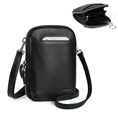 befen Genuine Leather Black Leather Small Crossbody Phone Bags for Women Mini Wallet Purse RFID Crossbody Bags for Women - Fit iPhone 15 Pro Max - Image 1