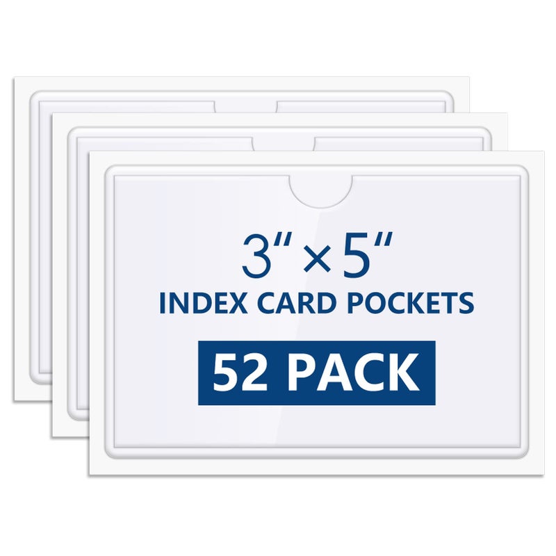 MaxGear 3â€ x 5â€ Index Card Pockets, 52 Pack Plastic Label Holders for Storage Bins and Library, Self Adhesive Card Pocket with Top Open Loading, Removable Clear Label Sleeves, Teacher Classroom Supply - Image 1