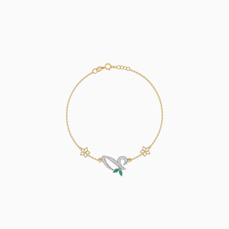 Jawhara Jewellery سوار من الذهب الأصفر عيار 18 للنساء، خط عربي حرف "عين" مع الماس طبيعي وأحجار العقيق الأخضر، مجموعة هروفى للمجوهرات الفاخرة، هدية أنيقة من مجوهرات جوهرة - Image 1