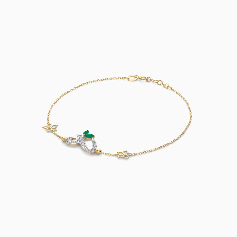 Jawhara Jewellery سوار من الذهب الأصفر عيار 18 للنساء، خط عربي حرف "عين" مع الماس طبيعي وأحجار العقيق الأخضر، مجموعة هروفى للمجوهرات الفاخرة، هدية أنيقة من مجوهرات جوهرة - Image 4