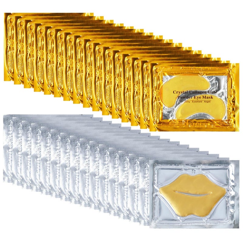 Blopuivo 32 Pairs Eye Masks & Lip Mask, 24K Collagen Under Eye Patches for Dark Circles and Puffy Eyes, Reduce Lip Wrinkles, Anti Chapped & Remove Lip Dead Skin, Nourishes the Lip & Eye Skin (Gold) - Image 1
