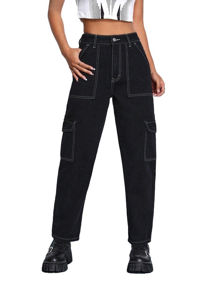 KOTTY Womens Solid High Waist Cargo Jeans (Black,L)_KOTTYLADIESJEANS2433L - Image 5