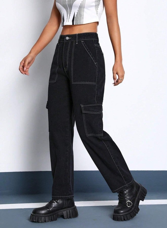 KOTTY Womens Solid High Waist Cargo Jeans (Black,L)_KOTTYLADIESJEANS2433L - Image 3