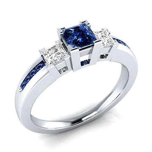 AZQ 925 Sterling Silver Fashion Natural Ruby Sapphire Ring Square Perfect Cut 3-Stone Rainbow Cubic Zirconia Rings CZ Eternity Engagement Wedding Band Ring for Women (Blue, US Code 6) - Image 1