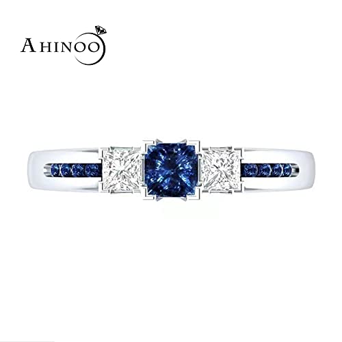 AZQ 925 Sterling Silver Fashion Natural Ruby Sapphire Ring Square Perfect Cut 3-Stone Rainbow Cubic Zirconia Rings CZ Eternity Engagement Wedding Band Ring for Women (Blue, US Code 6) - Image 3