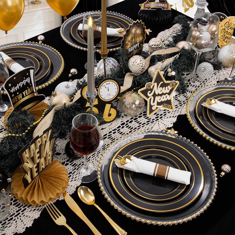 WDF 200PCS Black and Gold Plastic Plates - Black Plates Disposable for Party - Heavy Duty Plastic Plate for Graduation Wedding Party Birthday - Image 5