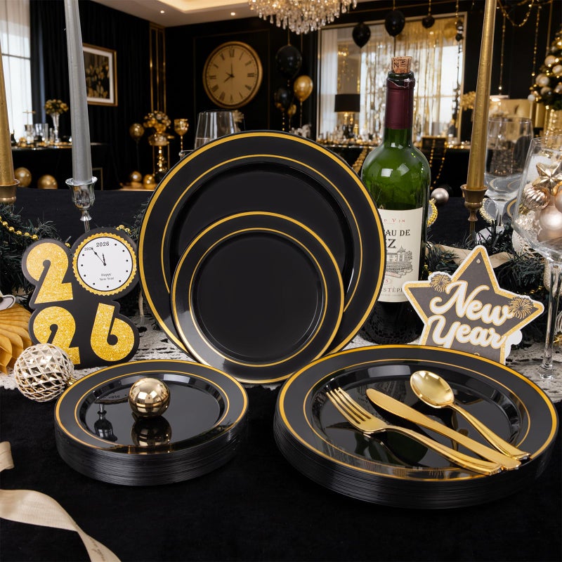 WDF 200PCS Black and Gold Plastic Plates - Black Plates Disposable for Party - Heavy Duty Plastic Plate for Graduation Wedding Party Birthday - Image 4