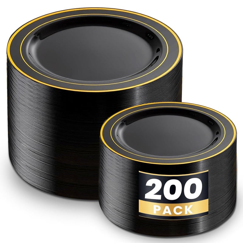 WDF 200PCS Black and Gold Plastic Plates - Black Plates Disposable for Party - Heavy Duty Plastic Plate for Graduation Wedding Party Birthday - Image 1