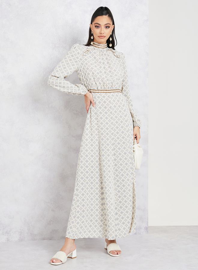ستايلي فستان طويل مطبع بالكامل مع ياقة عالية - Image 1