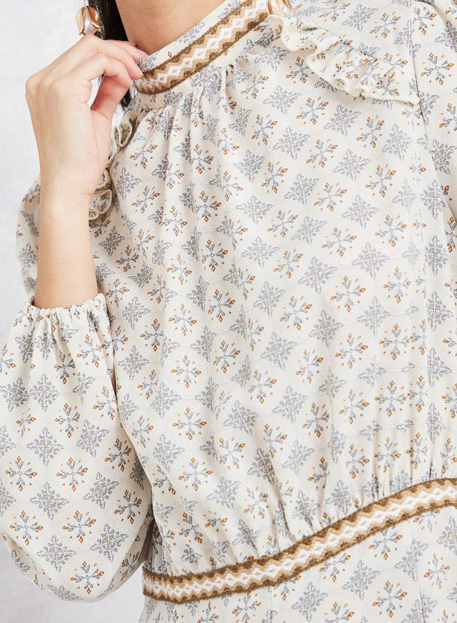 ستايلي فستان طويل مطبع بالكامل مع ياقة عالية - Image 3