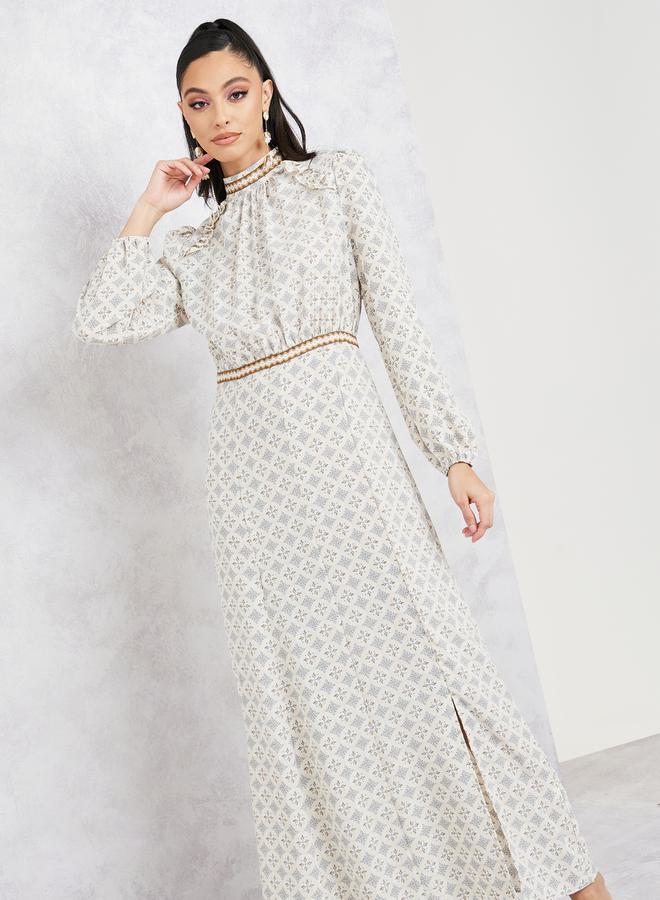 ستايلي فستان طويل مطبع بالكامل مع ياقة عالية - Image 2