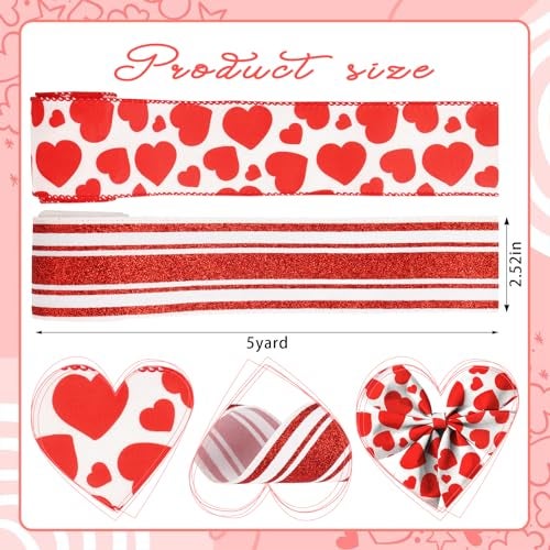 Glodecart Valentine's Day Ribbon - Wired Red Hearts, 2.5" X 10 Yard for Wreath Bow Wrapping Gift & Party Supplies - Image 2