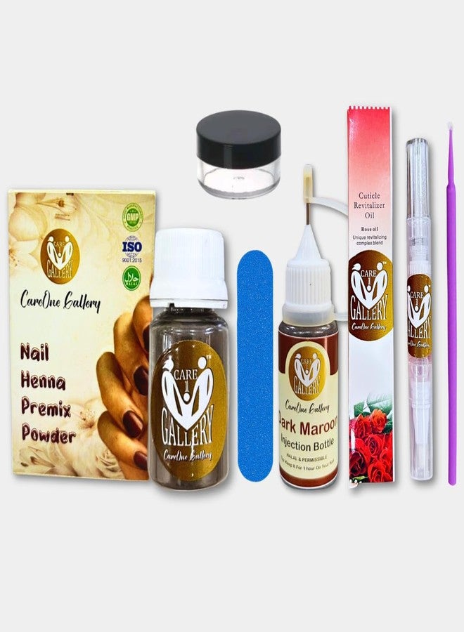 CareOne Gallery DIY Nail Henna / Mehendi Kit | Natural Herbal Henna | Halal & Wudu Friendly | Maroon colour | (Premix Powder, Nail Henna Injection, Nail Filer, Applicator, Shinner / Cuticle Oil Pen) Can Be Used Upto 5 Times - Image 2