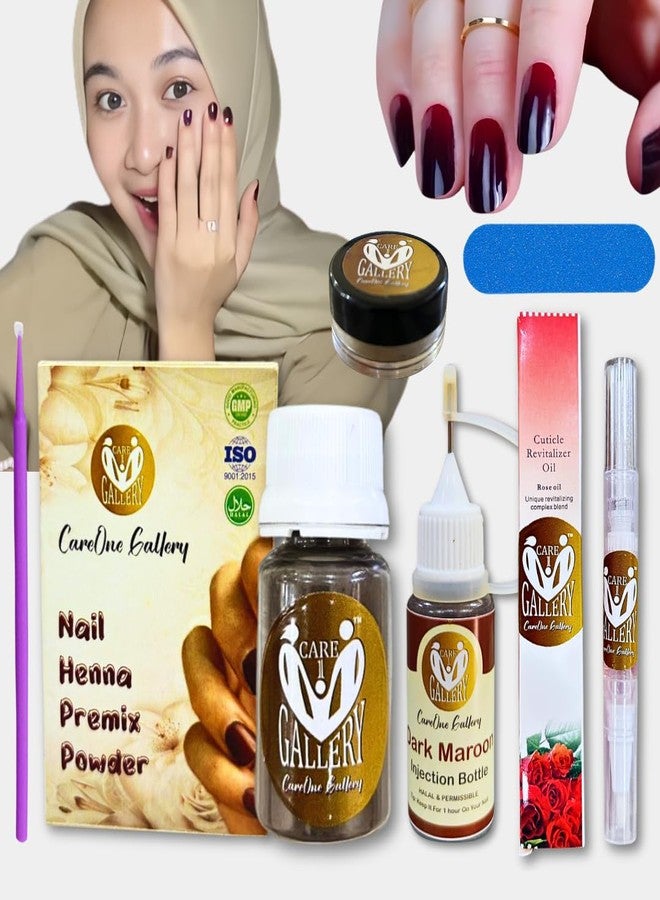CareOne Gallery DIY Nail Henna / Mehendi Kit | Natural Herbal Henna | Halal & Wudu Friendly | Maroon colour | (Premix Powder, Nail Henna Injection, Nail Filer, Applicator, Shinner / Cuticle Oil Pen) Can Be Used Upto 5 Times - Image 3