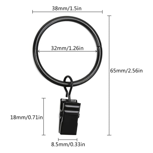 Datttcc 40 Pack Metal Curtain Rings with Clips, Drapery Clips with Rings, Curtain Hangers Clips for Home,Hotel and Office, Drapes Rings 1.26 inch Interior Diameter,Black - Image 2