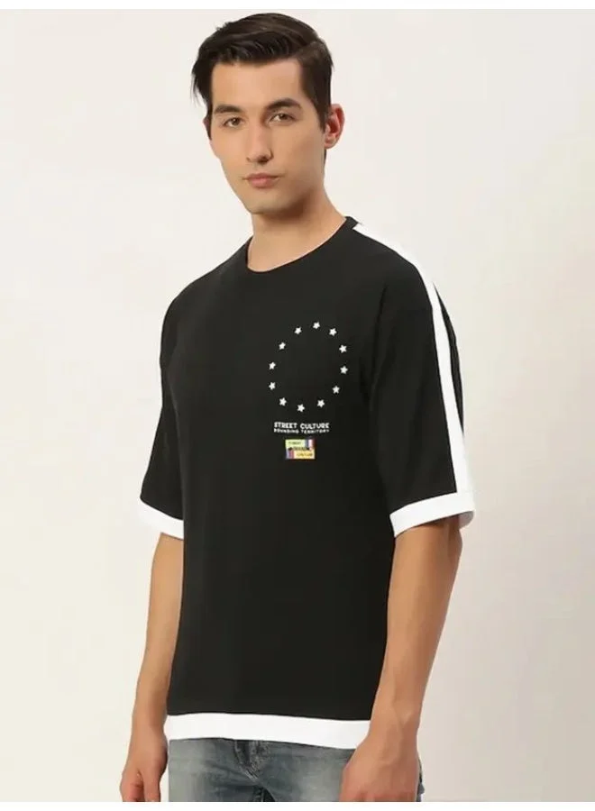 Maniac Maniac Mens Printed Round Neck Half Sleeve Cotton Black Slim Fit Tshirt