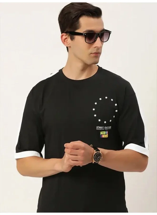 Maniac Maniac Mens Printed Round Neck Half Sleeve Cotton Black Slim Fit Tshirt