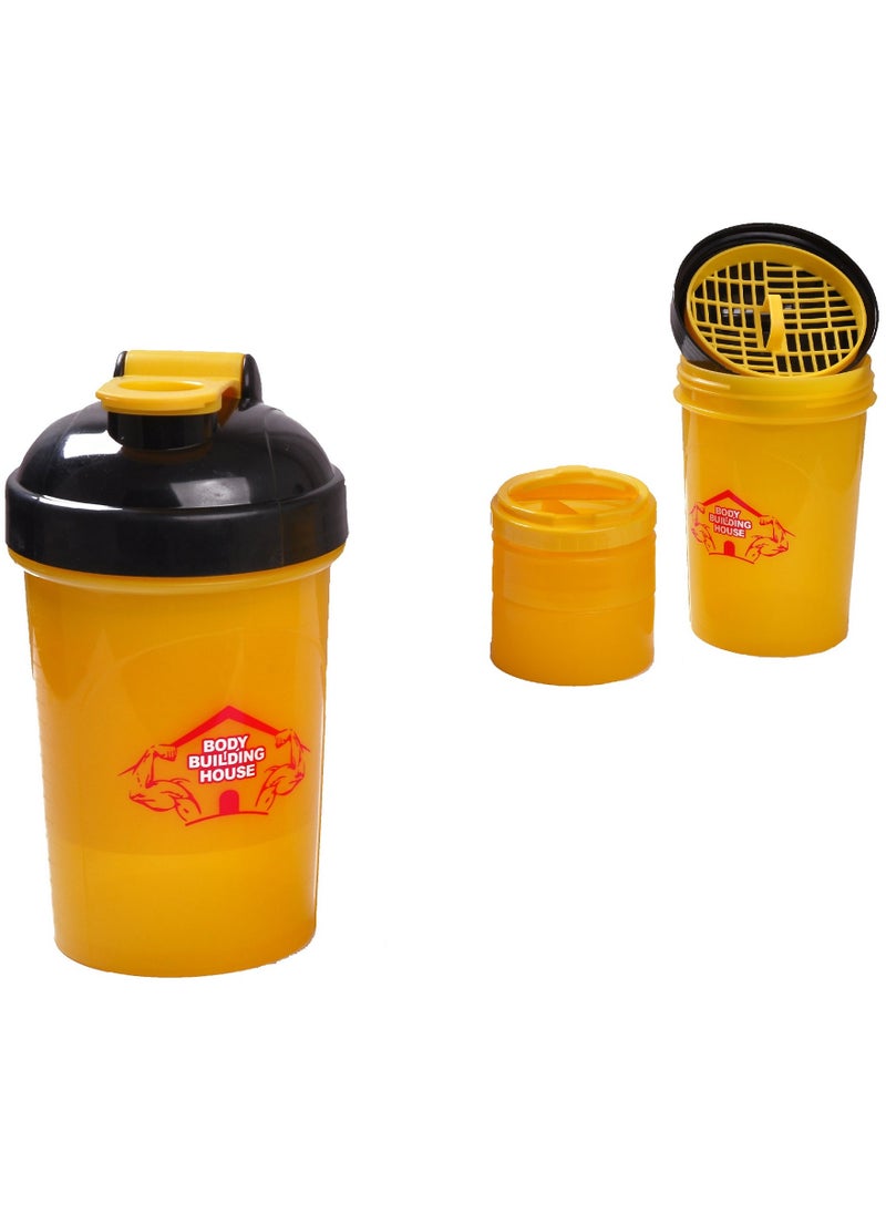 BodyBuilding 500ML Protein Powder Shaker Bottle with Storage Compartments 3-Layers, Yellow  - Image 1