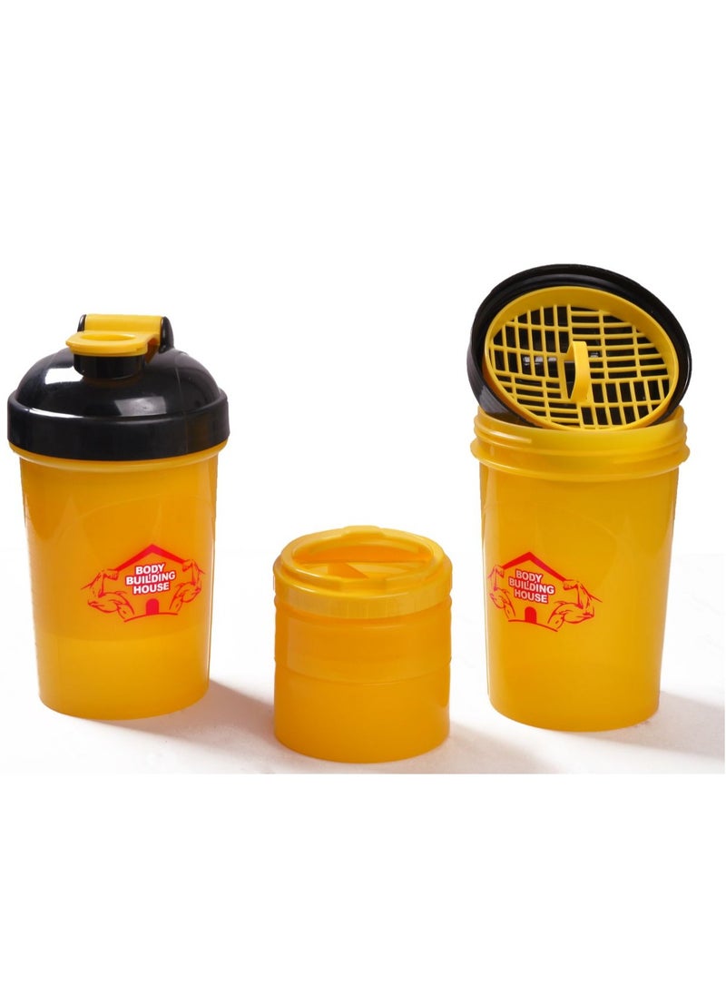 BodyBuilding 500ML Protein Powder Shaker Bottle with Storage Compartments 3-Layers, Yellow  - Image 2