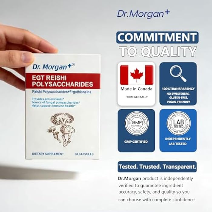 Dr. Morgan EGT + Reishi Polysaccharides Supplement, 99% Pure Ergothioneine & 40% Polysaccharides Reishi,Antioxidant for Cellular Health & Immune Support, Vegan, Third-Party Tested, Made in Canada - Image 5