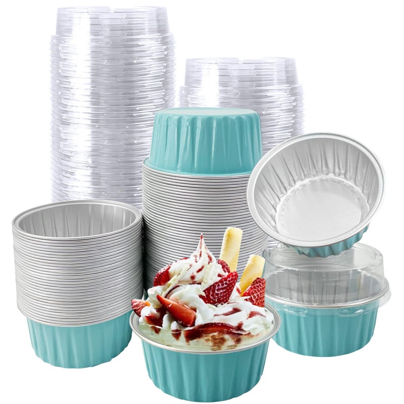 100Pcs Aluminum Cups with Lids5oz Disposable Ramekin Baking Cups Muffin Liners Mini Pie Pans Foil Cupcake Containers for Christmas Party WeddingBlue