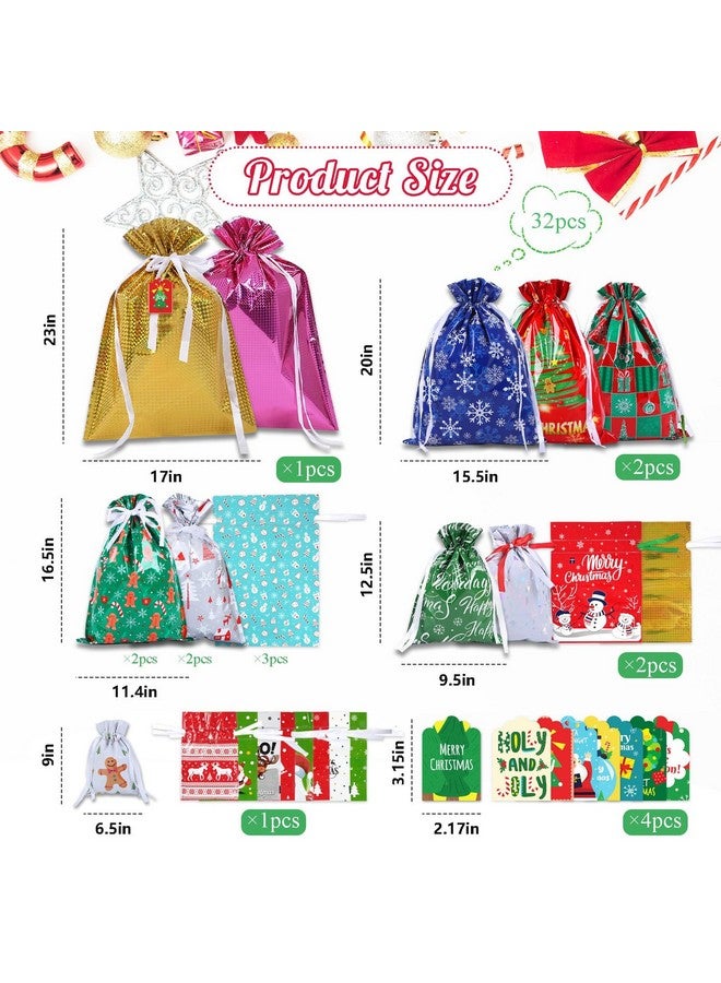 kockuu 32Pcs Large Christmas Gift Bags, Holiday Drawstring Gift Bags Reusable Foil Present Santa Wrapping Bags With Gift Tag Cards Ribbon Ties For Big Xmas Presents Party Decorations Holiday Gift Giving - Image 3
