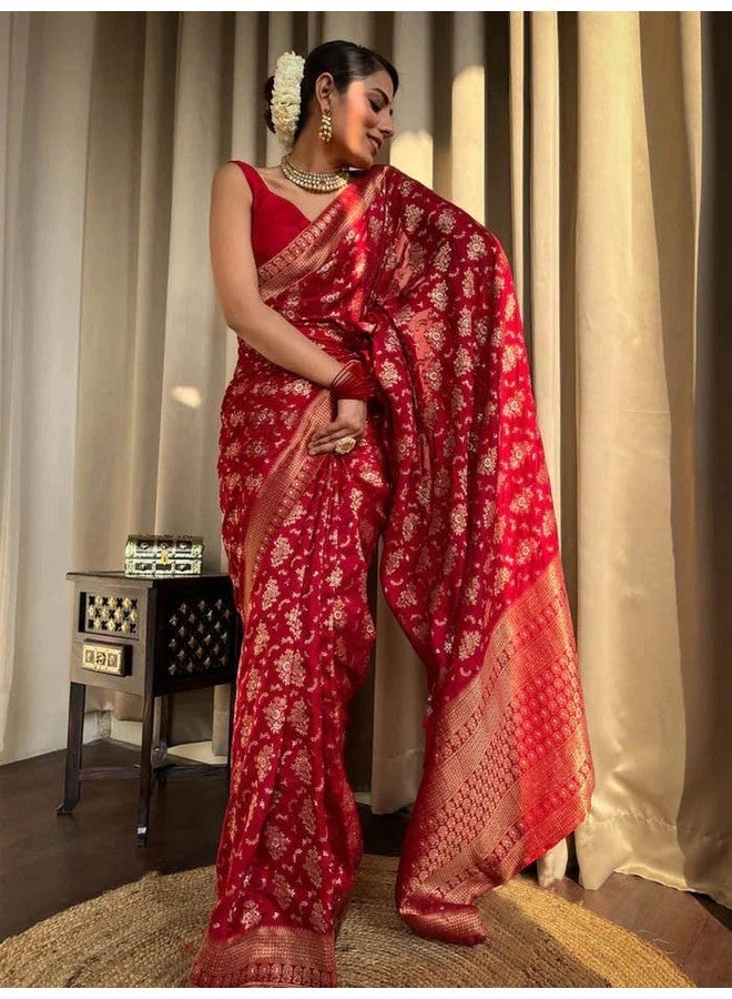 Yashika Women's Banarasi Kanjivaram Jacquard Art Silk Saree - Exquisite Ethnic Attire for Indian Festivities - Unstitched Blouse Included (AZ-YS-OG-RANGEELI RED) - Image 4