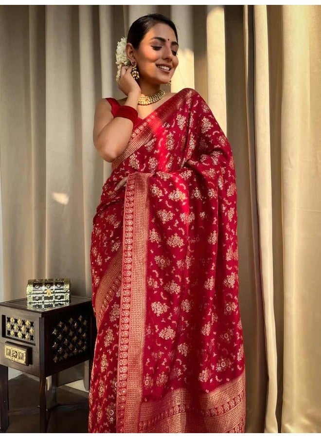 Yashika Women's Banarasi Kanjivaram Jacquard Art Silk Saree - Exquisite Ethnic Attire for Indian Festivities - Unstitched Blouse Included (AZ-YS-OG-RANGEELI RED) - Image 2