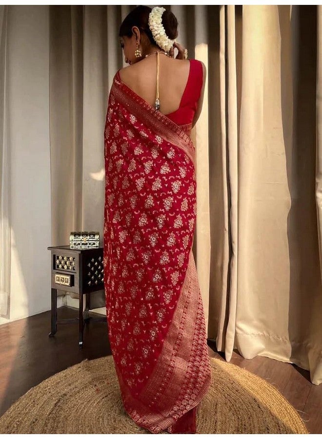 Yashika Women's Banarasi Kanjivaram Jacquard Art Silk Saree - Exquisite Ethnic Attire for Indian Festivities - Unstitched Blouse Included (AZ-YS-OG-RANGEELI RED) - Image 3