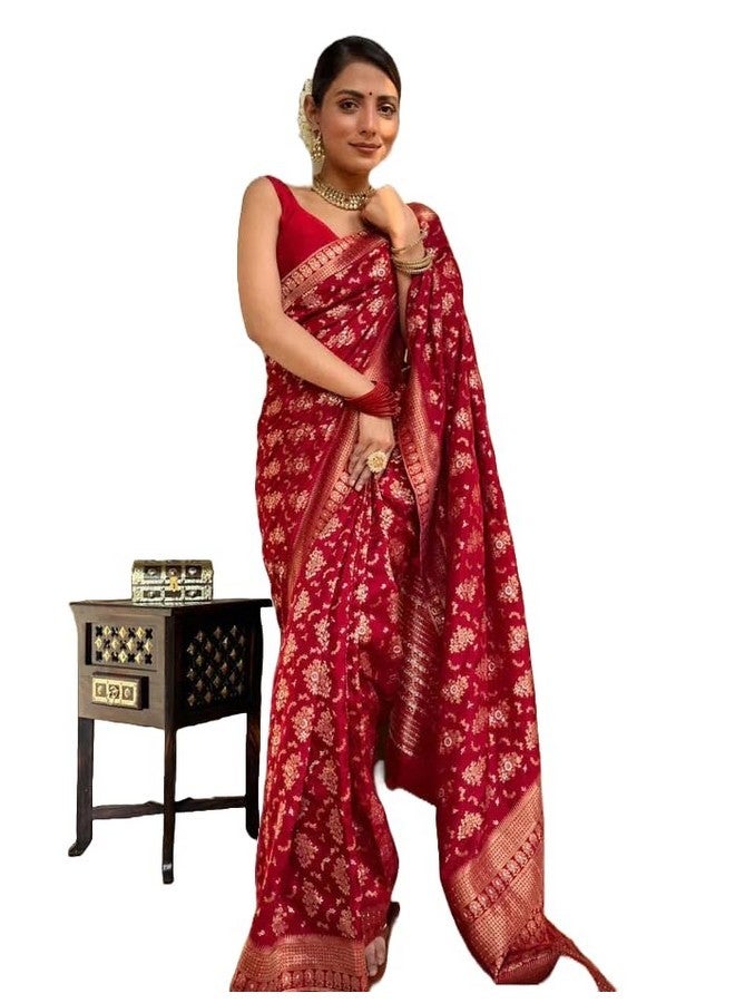 Yashika Women's Banarasi Kanjivaram Jacquard Art Silk Saree - Exquisite Ethnic Attire for Indian Festivities - Unstitched Blouse Included (AZ-YS-OG-RANGEELI RED) - Image 1