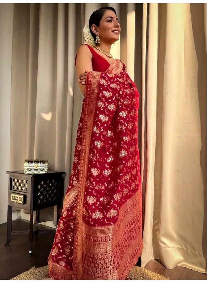 Yashika Women's Banarasi Kanjivaram Jacquard Art Silk Saree - Exquisite Ethnic Attire for Indian Festivities - Unstitched Blouse Included (AZ-YS-OG-RANGEELI RED) - Image 5