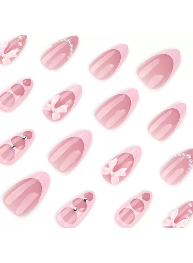 JOSQUEWNN 24pcs Press On False Nails , French-Style Sweet Pink 3d Bow Accent Nails, Featuring Pearl Embellishments On Short Almond-Shaped False Nails, Acrylic Nails With Glue Kit. - Image 4