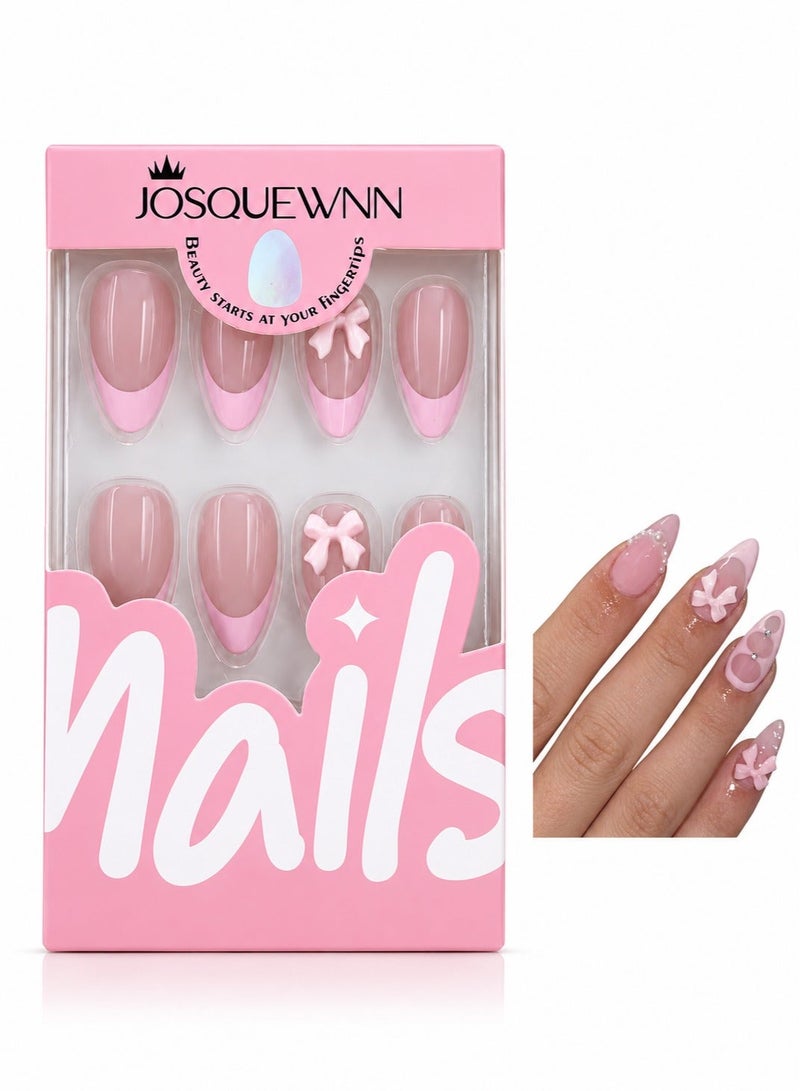 JOSQUEWNN 24pcs Press On False Nails , French-Style Sweet Pink 3d Bow Accent Nails, Featuring Pearl Embellishments On Short Almond-Shaped False Nails, Acrylic Nails With Glue Kit. - Image 2