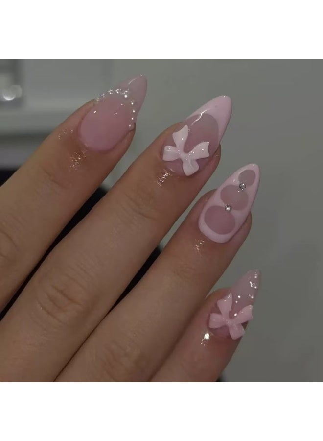 JOSQUEWNN 24pcs Press On False Nails , French-Style Sweet Pink 3d Bow Accent Nails, Featuring Pearl Embellishments On Short Almond-Shaped False Nails, Acrylic Nails With Glue Kit. - Image 1