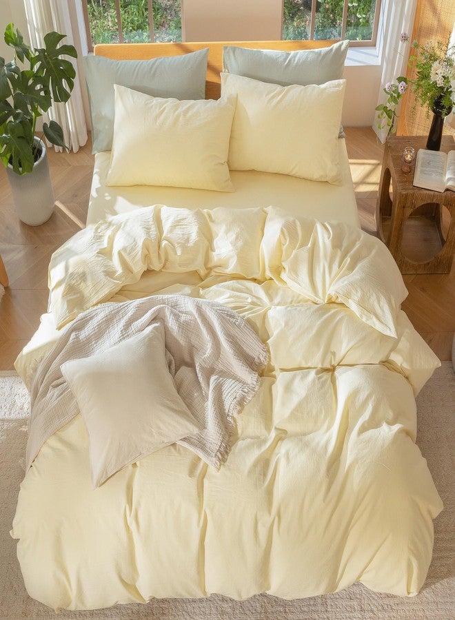 مومى طقم غطاء لحاف من مومي، مصنوع من القطن المغسول بنسبة 100%، ذو ملمس يشبه الكتان، يسمح بمرور الهواء، متين، ناعم ومريح (لون أصفر زبدة، مقاس كينج كبير جدًا) - Image 5