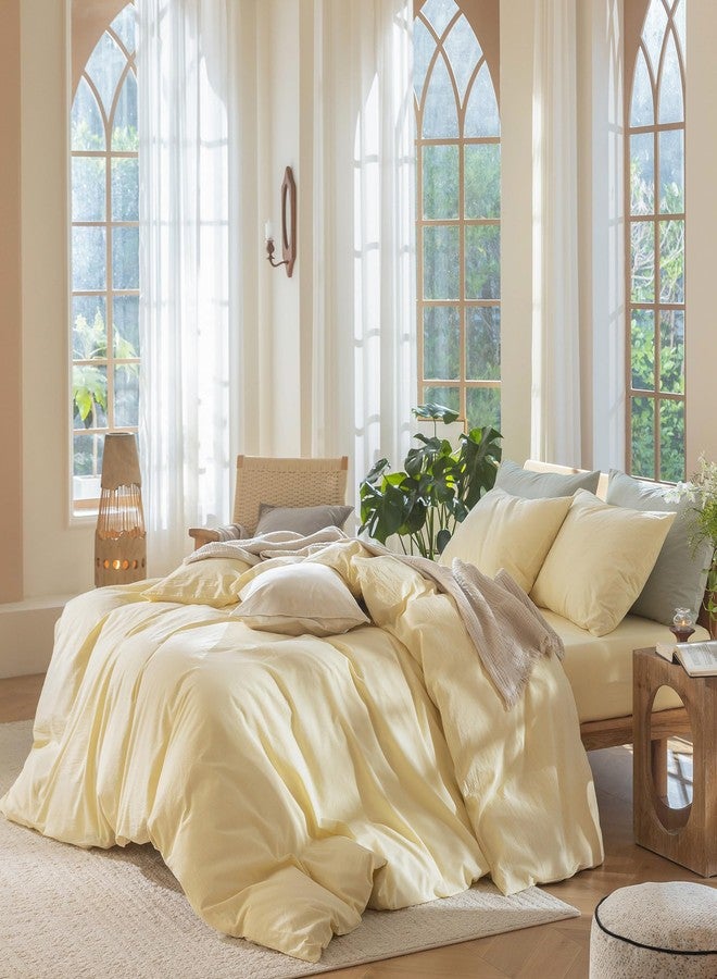 مومى طقم غطاء لحاف من مومي، مصنوع من القطن المغسول بنسبة 100%، ذو ملمس يشبه الكتان، يسمح بمرور الهواء، متين، ناعم ومريح (لون أصفر زبدة، مقاس كينج كبير جدًا) - Image 3