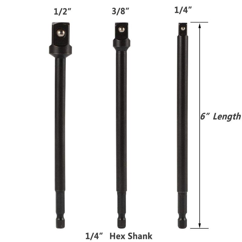 Yakamoz 3Pcs Long Impact Grade Socket Adapter Set | 1/4" Hex Shank to Square Socket Drill Bits Bar Extension Set | 1/4", 3/8", 1/2" Drive | 5.9" Length - Image 4