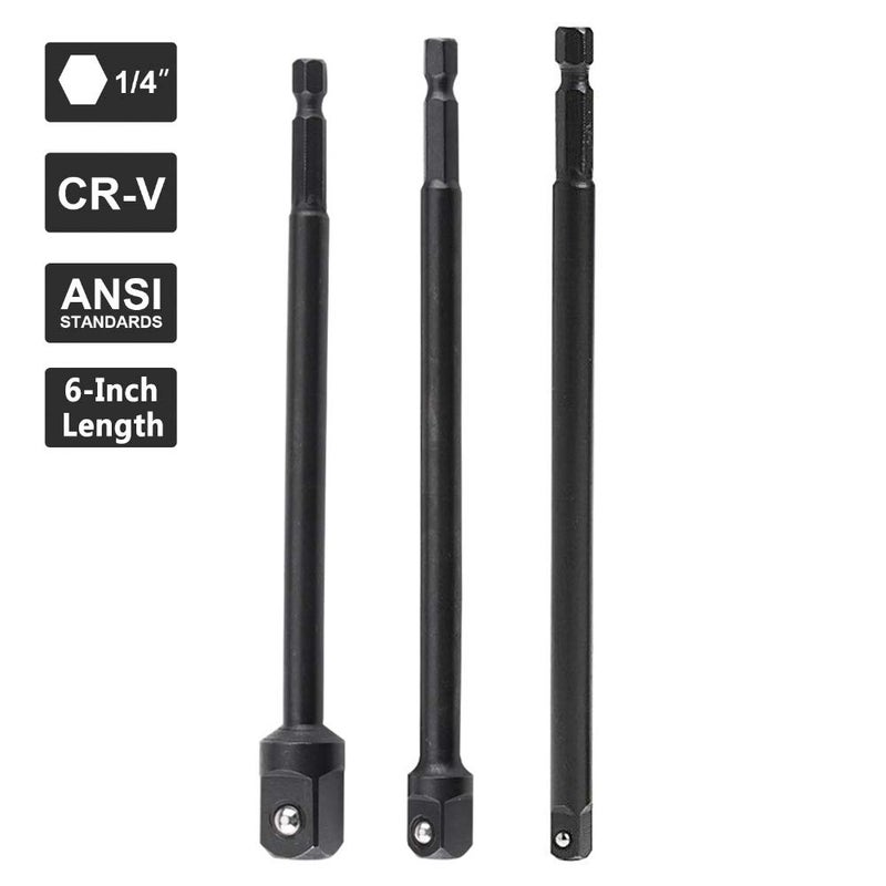 Yakamoz 3Pcs Long Impact Grade Socket Adapter Set | 1/4" Hex Shank to Square Socket Drill Bits Bar Extension Set | 1/4", 3/8", 1/2" Drive | 5.9" Length - Image 2