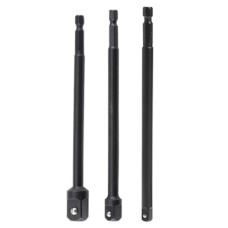 Yakamoz 3Pcs Long Impact Grade Socket Adapter Set | 1/4" Hex Shank to Square Socket Drill Bits Bar Extension Set | 1/4", 3/8", 1/2" Drive | 5.9" Length - Image 1