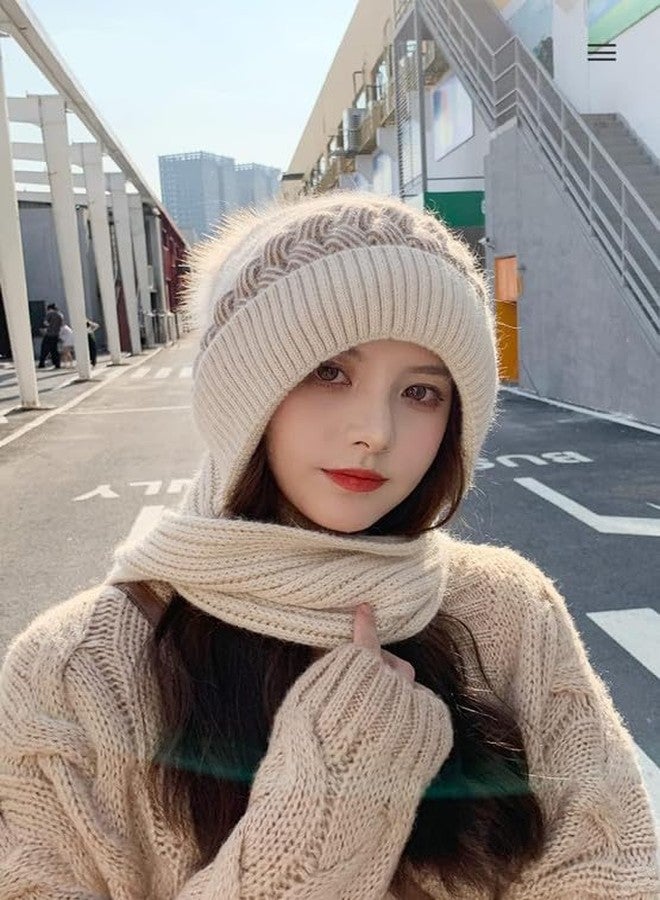 Malvina One-Piece Hat and Bib Cap, Ladies Hat, Female Korean Version Plus Velvet Warm Woolen Cap, Knitted Hooded Scarf with Ear Protection Beige - Image 3